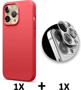 HB Hoesje Geschikt voor Apple iPhone 13 Pro Rood & Camera Lens Glazen Screenprotector - Siliconen Back Cover