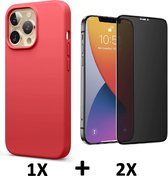 iPhone 13 Pro Hoesje Rood & 2X Privacy Glazen Screenprotector - Siliconen Back Cover