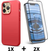 iPhone 13 Pro Hoesje Rood & 2X Volledige Glazen Screenprotector - Siliconen Back Cover