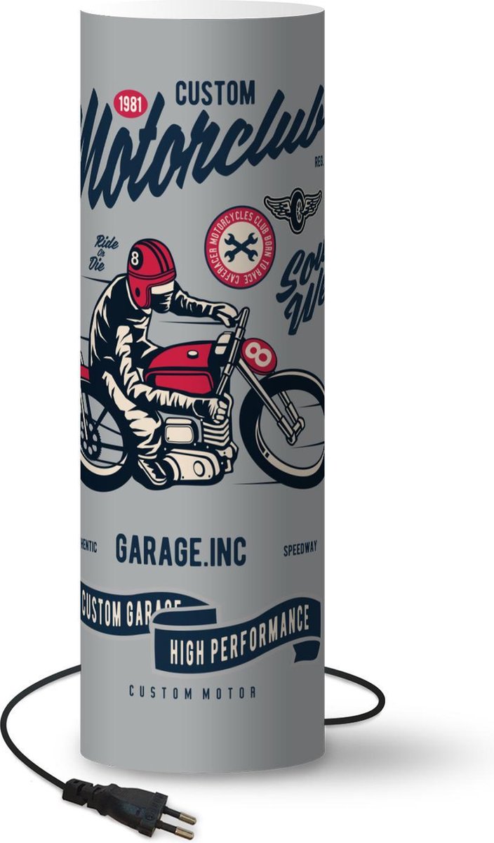Lamp - Nachtlampje - Tafellamp slaapkamer - Motorfiets - Helm - Vintage - Tekening - 50 cm hoog - Ø15.9 cm - Inclusief LED lamp