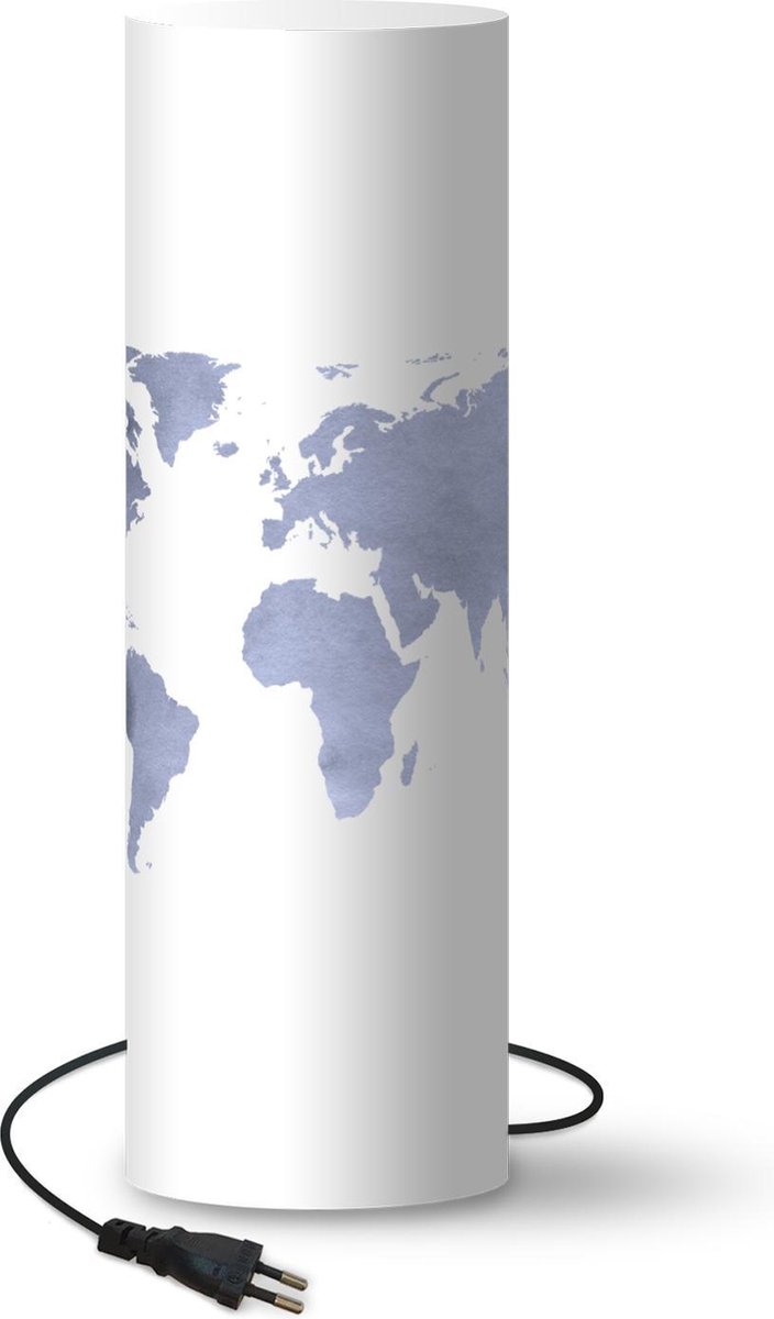 Lamp - Nachtlampje - Tafellamp slaapkamer - Wereldkaart - Zilver - Wit - 60 cm hoog - Ø19.1 cm - Inclusief LED lamp