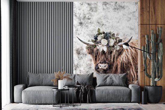 Papier peint - Papier peint photo Scottish Highlander - Zwart - Wit - Fleurs - Largeur 145 cm x hauteur 220 cm