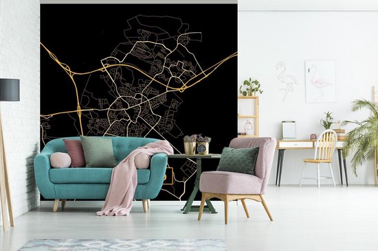 Behang - Fotobehang Kaart - Hengelo - Luxe - Goud - Zwart - Breedte 350 cm x hoogte 350 cm