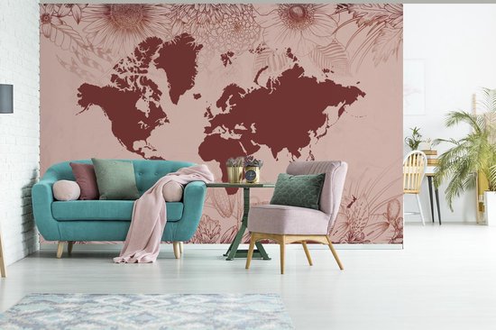 Carte du monde rouge foncé sur fond rose décorée d'illustrations de fleurs 600x400 cm