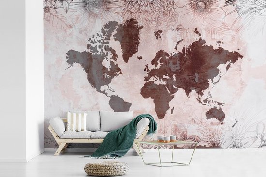 Carte du monde rouge foncé avec un motif gris dessus, décorée d'illustrations de fleurs 390x260 cm