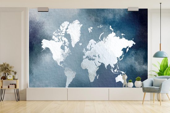 Carte du monde de couleur claire sur fond d'aquarelle bleue 450x300 cm