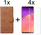 Samsung S10 Plus Hoesje - Samsung Galaxy S10 Plus hoesje bookcase bruin wallet case portemonnee hoes cover hoesjes - 4x Samsung S10 Plus screenprotector UV