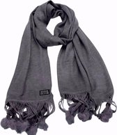 Lange  Gebreide Dames Sjaal - Met Pompon - Grijs - 180 x 56 cm