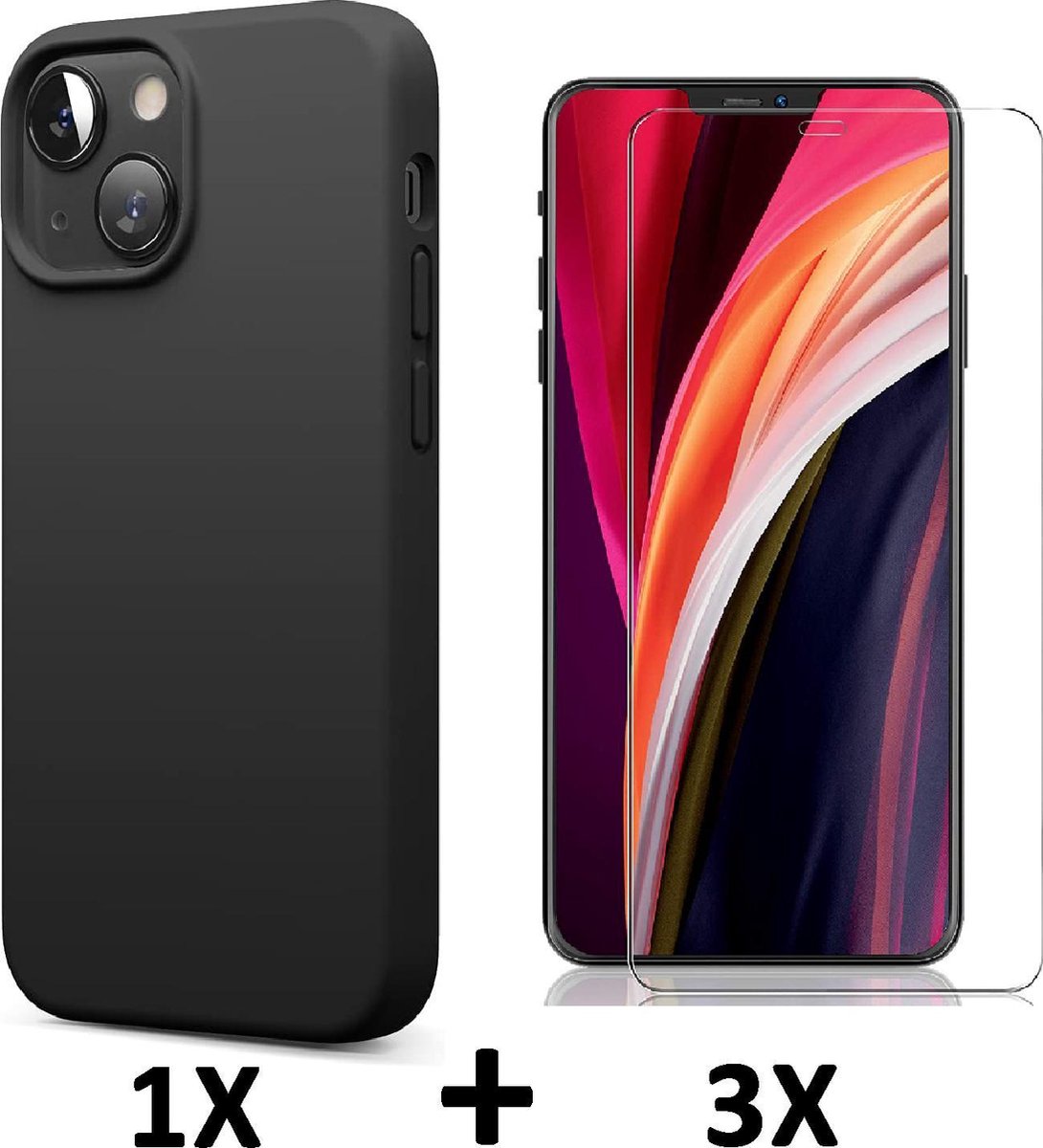 HB Hoesje Geschikt voor Apple iPhone 13 - Zwart / 3X Glazen Screenprotector - Siliconen Back Cover