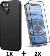 iPhone 13 Hoesje Zwart & 2X Volledige Glazen Screenprotector - Siliconen Back Cover