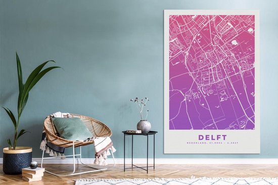Tableau sur Toile City Map - Delft - Violet - 120x180 cm - Décoration murale XXL
