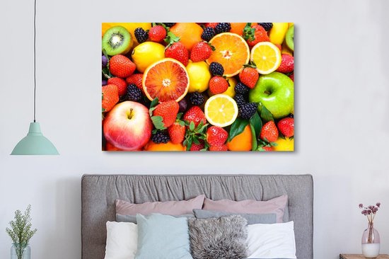 Canvas schilderij 180x120 cm - Wanddecoratie Aardbei - Citroen - Fruit - Muurdecoratie woonkamer - Slaapkamer decoratie - Kamer accessoires - Schilderijen