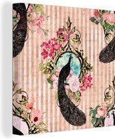 Toile Peinture Paon - Rose - Fleurs - 20x20 cm - Décoration murale