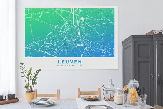 Tableau sur toile Carte de ville - Louvain - Blauw - België - 180x120 cm - Décoration murale XXL