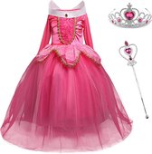 Doornroosje - Prinsessenjurk - Roze - Aurora - maat 116/122 (120) + Kroon + Toverstaf - Verkleedkleren Meisje