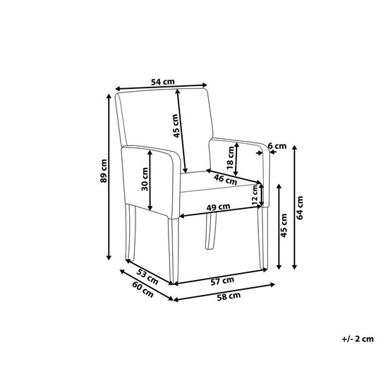 Dessin schématique d'une chaise de salle à manger gris foncé avec dimensions, hauteur d'assise 45cm.