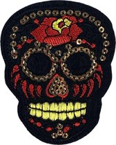 Sugar Skull Doodshoofd Opnaai Embleem Patch Zwart 6.1 cm / 7.6 cm / Zwart Geel Rood
