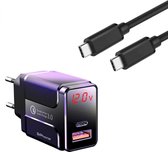 DrPhone HALO5 Qualcom 3.0 Quick Charge 18W Thuislader + PDTC1 USB-C Naar USB-C Fast Charger 1 Meter & LED-display real-time status - Zwart