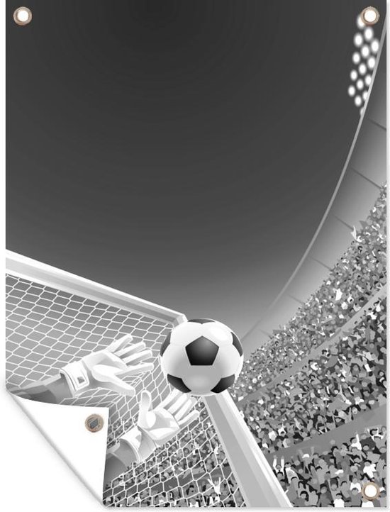 Muurdecoratie buiten Een illustratie van een keeper die de voetbal tegenhoudt - Jongetje - Meisjes - Kind - 120x160 cm - Tuindoek - Buitenposter