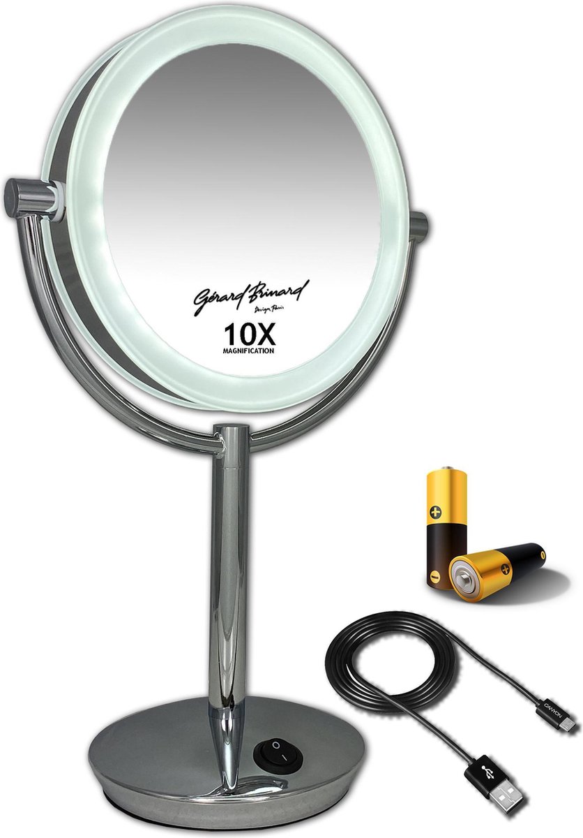 Metalen verlichte Make-up LED Spiegel CHROOM of (zwart) 10X of (7x) vergroting 19cm doorsnee, inclusief 4x AA batterijen en USB stroomkabel - Gerard Brinard