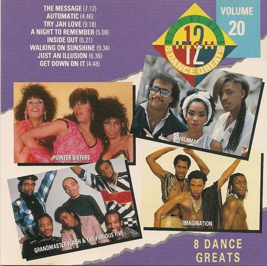 Cd-hoes met paarse achtergrond. Twee foto's bovenaan: grotere foto van de Pointer Sisters, kleinere foto van Shalamar. Twee foto's onderaan: grotere foto van Grandmaster Flash & The Furious Five, kleinere foto van Imagination.
