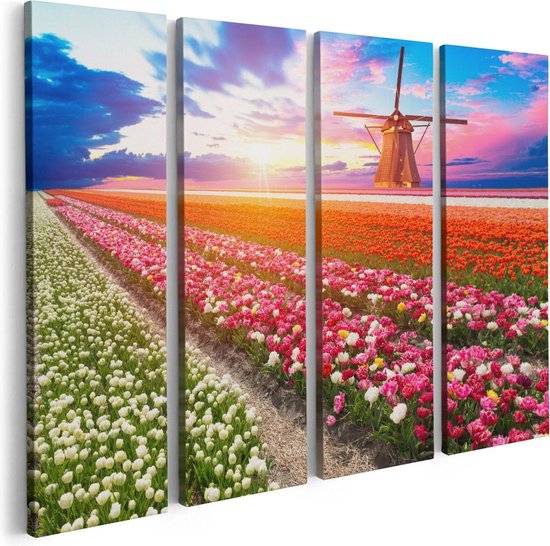 Artaza Canvas Schilderij Vierluik Kleurrijke Bloemenveld Met Een Windmolen - 80x60 - Foto Op Canvas - Canvas Print