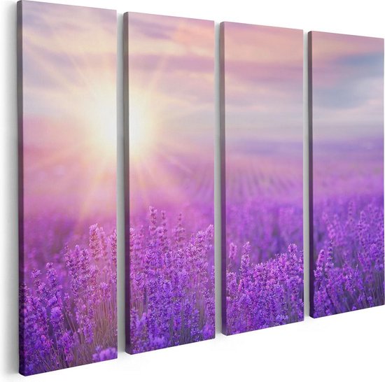 Artaza Canvas Schilderij Vierluik Bloemenveld Met Paarse Lavendel  - 80x60 - Foto Op Canvas - Canvas Print