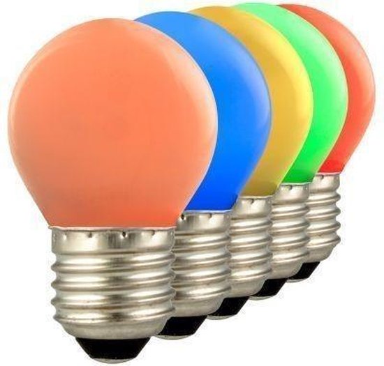 Lighto | 5x LED Kogellamp Plastic | Grote fitting E27 | 1W Rood/Geel/Oranje/Groen/Blauw