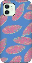 Apple iPhone 12 Mini Telefoonhoesje - Extra Stevig Hoesje - 2 lagen bescherming - Met Plantenprint - Tropische Blaadjes - Donkerblauw