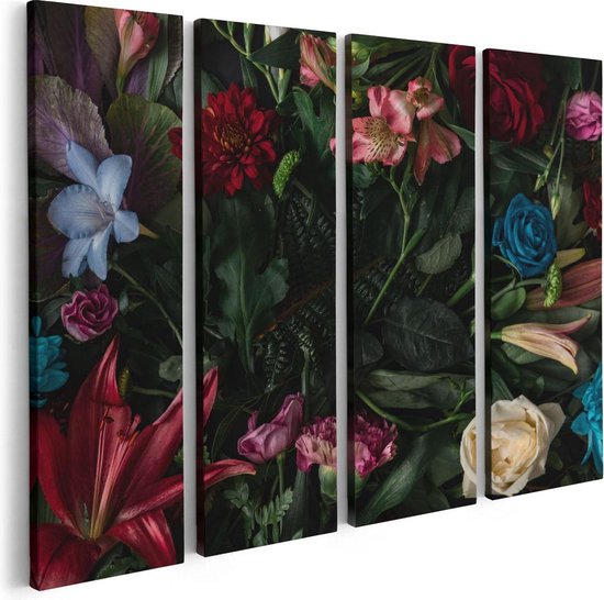 Artaza Canvas Schilderij Vierluik Kleurrijke Bloemen Met Groene Bladeren - 80x60 - Foto Op Canvas - Canvas Print