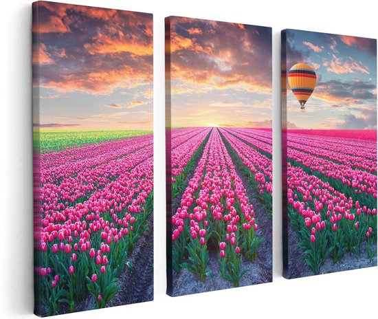 Artaza - Triptyque de peinture sur toile - Champ de fleurs avec des tulipes roses - Montgolfière - 120x80 - Photo sur toile - Impression sur toile