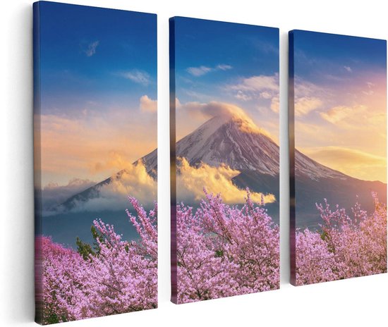 Artaza Canvas Schilderij Drieluik Fuji Berg Met Roze Bloesembomen - Bloemen - 120x80 - Foto Op Canvas - Canvas Print