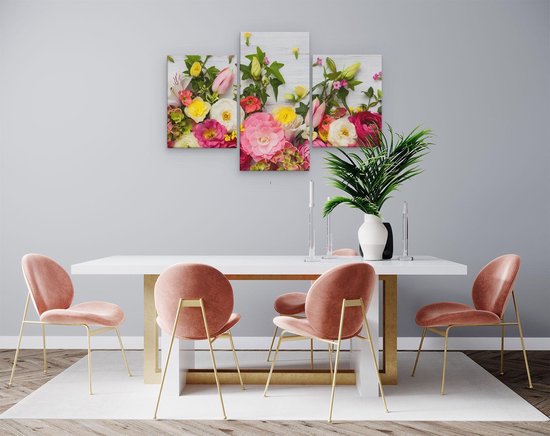 Artaza - Triptyque de peinture sur toile - Fleurs sur un fond en bois Witte - 90x60 - Photo sur toile - Impression sur toile