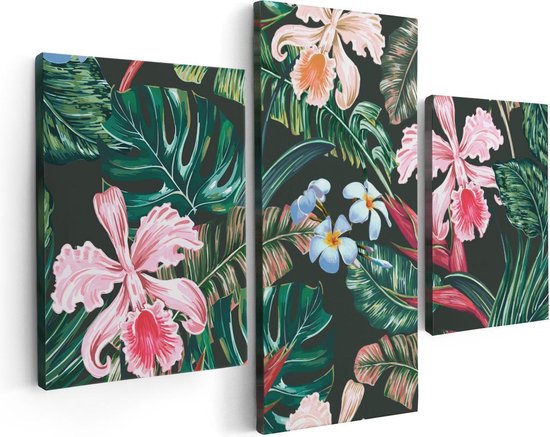 Artaza Canvas Schilderij Drieluik Getekende Tropische Bloemen - Abstract - 90x60 - Foto Op Canvas - Canvas Print