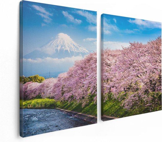 Artaza Canvas Schilderij Tweeluik Roze Bloesembomen Bij De Fuji Berg - 120x80 - Foto Op Canvas - Canvas Print