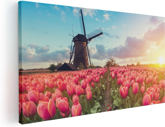Artaza Canvas Schilderij Roze Tulpen Bloemenveld - Met Windmolen - 120x60 - Groot - Foto Op Canvas - Canvas Print