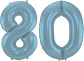 De Ballonnenkoning - Folieballon Cijfer 80 Blauw Pastel Metallic Mat - 86 cm