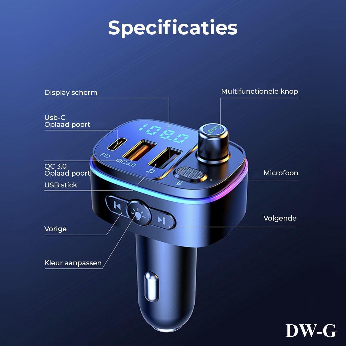 DW-G Bluetooth FM Transmitter - Auto Lader - Carkit - Handsfree - MP3 - USB  - Snel