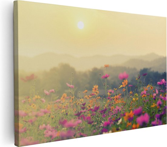 Artaza - Peinture sur toile - Champ de fleurs avec Kosmos - Coucher de soleil - 90x60 - Photo sur toile - Impression sur toile