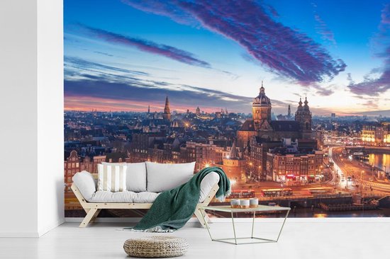 Papier peint - Papier peint photo peint Skyline Amsterdam - Nuit - Largeur 360 cm x Hauteur 240 cm