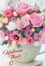 Welkom thuis! Een hele mooie en bijzondere kaart met een vaas vol verschillende bloemen. Een geweldige wenskaart om aan iemand te geven! Deze wenskaart is inclusief envelop en in folie verpakt.