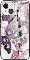 Gehard glas + TPU-randbeschermhoes voor iPhone 13 (bloemen en vlinders)