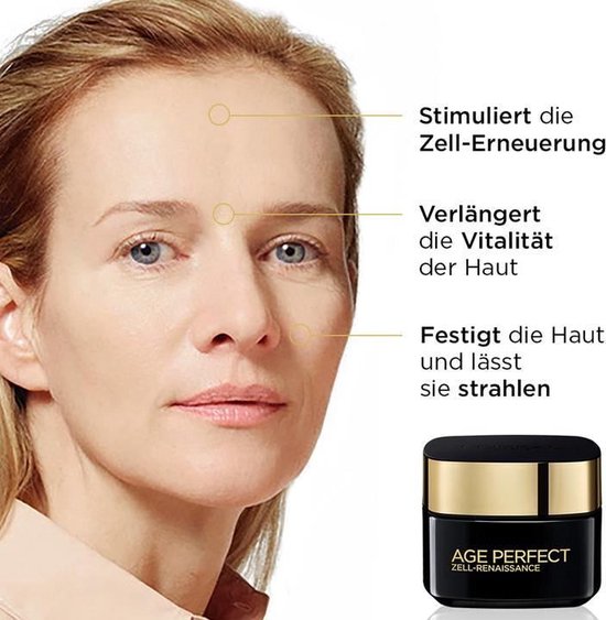 Een vrouw met lichte huid, getoond van halverwege het gezicht naar boven. Aan de zijkant van de afbeelding staat de pot crème, met tekst.