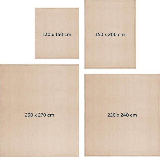 Vier beige dekens in maten: 130x150, 150x200, 220x240, 230x270 cm.