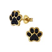 Joy|S - Zilveren kat hond dierenpoot oorbellen - kristal zwart - 14k goudplating