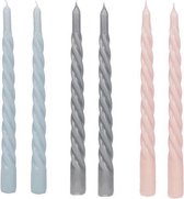Cactula Swirl Kaarsen | Set van 6 in 3 verschillende kleuren | 2,3 x 29 cm | Trend 2021 | Lange Dinerkaarsen | Cobble / Blue / Grey / Pink