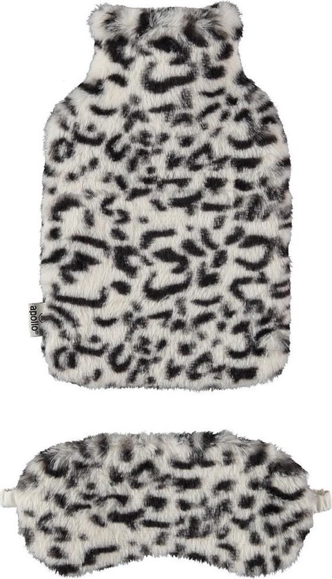 Superzachte fluffy cheetah/luipaard print warmwaterkruik en slaapmasker cadeau set wit - 30 x 20 cm
