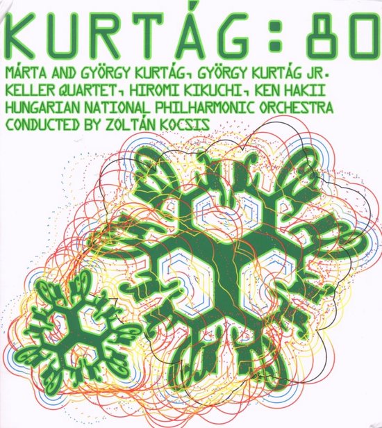 Groene, geometrische sneeuwvlok-achtige kunstwerken met rode, blauwe en gele lijnen eromheen. De tekst 'KURTÁG: 80' staat bovenaan.