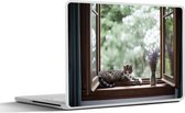Laptop sticker - 12.3 inch - Openslaande ramen met in de vensterbank een kat en lavendel - 30x22cm - Laptopstickers - Laptop skin - Cover