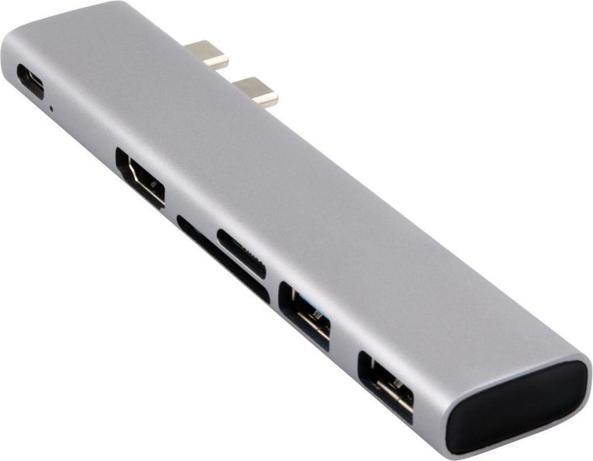 6 in 1 adapter voor macbook - 2x USB 3.0; SD; MicroSD; USB-C; HDMI - zilver